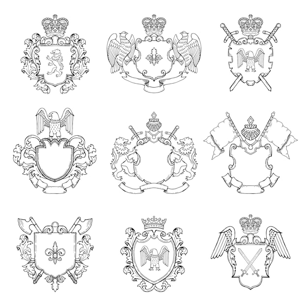 Sjabloon van heraldische emblemen. verschillende lege frames voor logo of badges. heraldische badge vintage met zwaard en adelaar illustratie