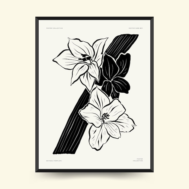 Sjabloon voor abstract bloemenposters. Moderne botanische trendy zwarte stijl. Vintage bloemen