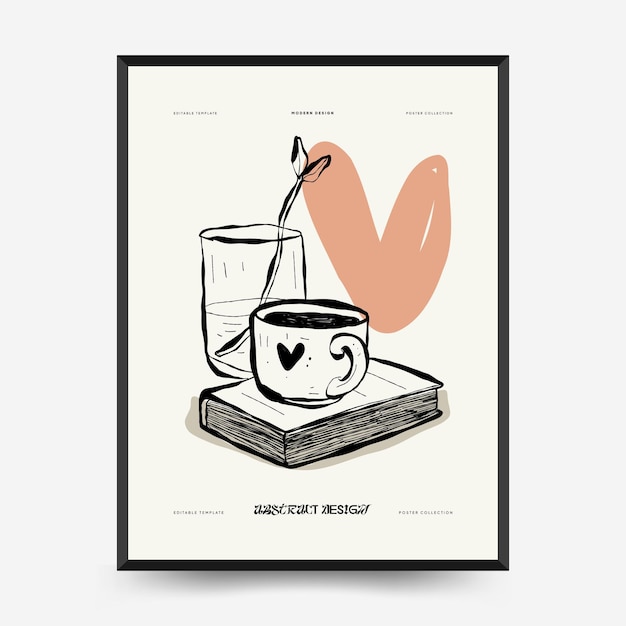 Sjabloon voor abstract minimalistische esthetische poster met dunne lijnen, bloemmotieven, planten, vrouw.