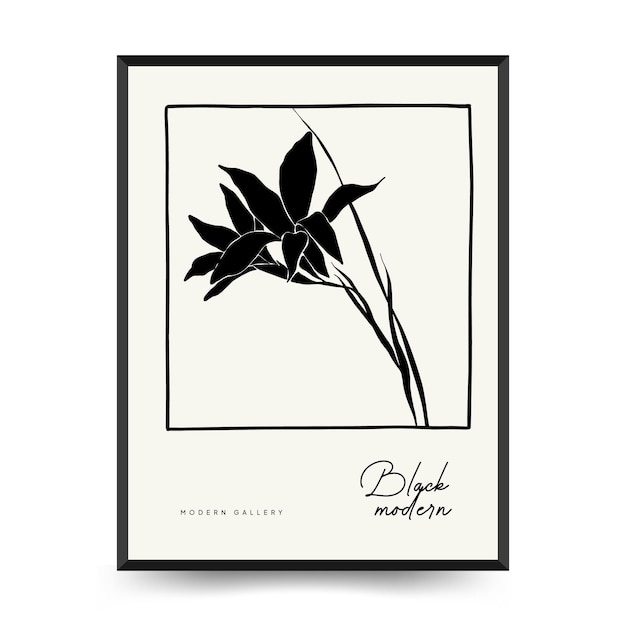 Sjabloon voor abstracte bloemenaffiches. Moderne botanische trendy zwarte stijl. Uitstekende bloemen. Inktmuur ar