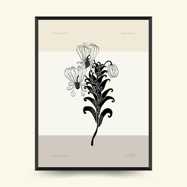 Sjabloon voor abstracte bloemenaffiches. Moderne botanische trendy zwarte stijl. Uitstekende bloemen.