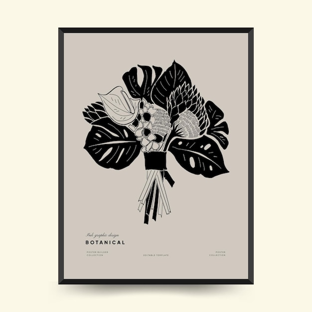 Sjabloon voor abstracte bloemenaffiches. Moderne botanische trendy zwarte stijl. Uitstekende bloemen.