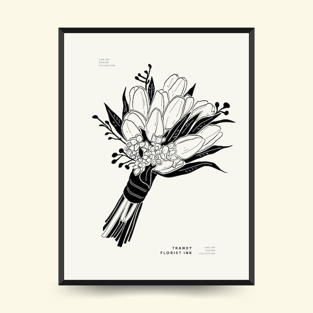 Sjabloon voor abstracte bloemenaffiches. Moderne botanische trendy zwarte stijl. Uitstekende bloemen.