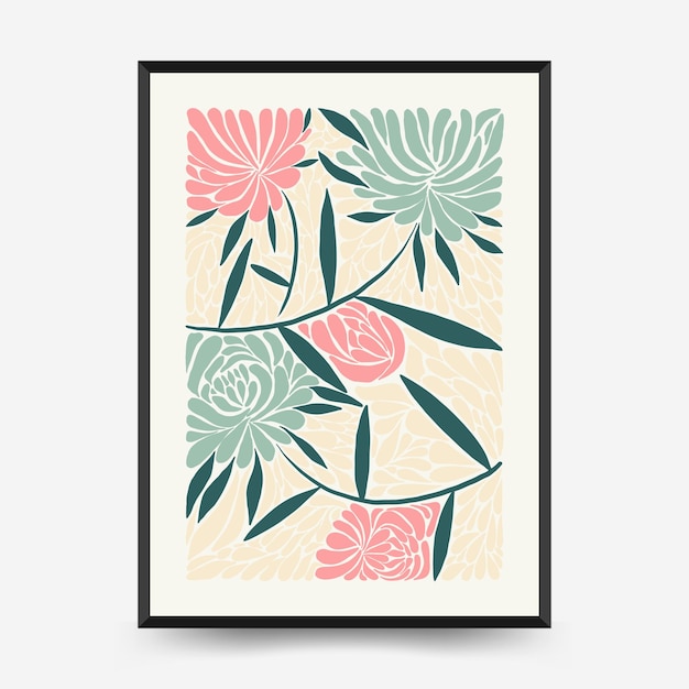 Sjabloon voor abstracte bloemenaffiches. moderne trendy matisse minimale stijl. roze en blauwe kleuren.