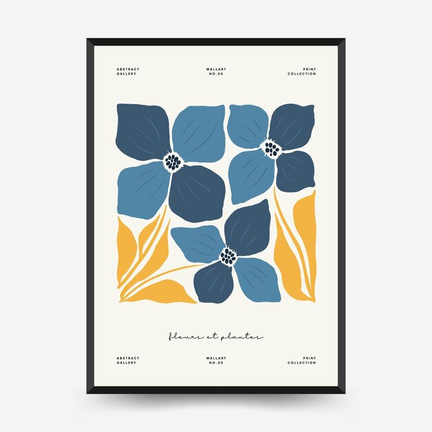 Sjabloon voor abstracte bloemenaffiches. Moderne trendy Matisse minimale stijl. Roze en blauwe kleuren.