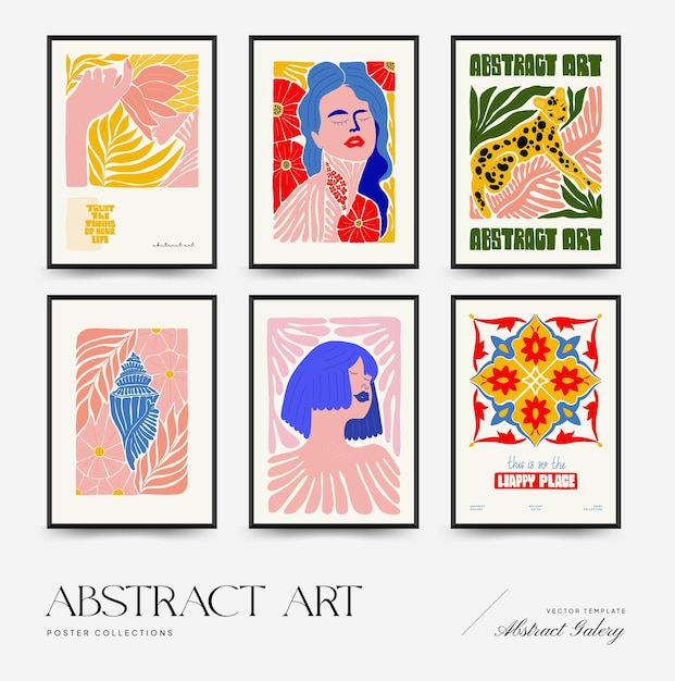 Sjabloon voor abstracte kunstposters Moderne trendy Matisse minimale stijl Roze blauwe gele kleuren