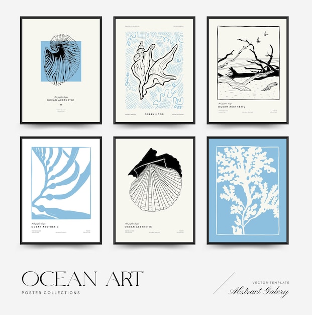 Sjabloon voor abstracte oceaan- en zeeposters Moderne zee Botanische trendy zwarte stijl Vintage zeewier f