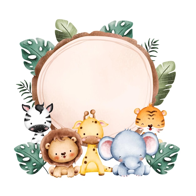 Sjabloon voor aquarel illustratie Baby Safari dier Frame