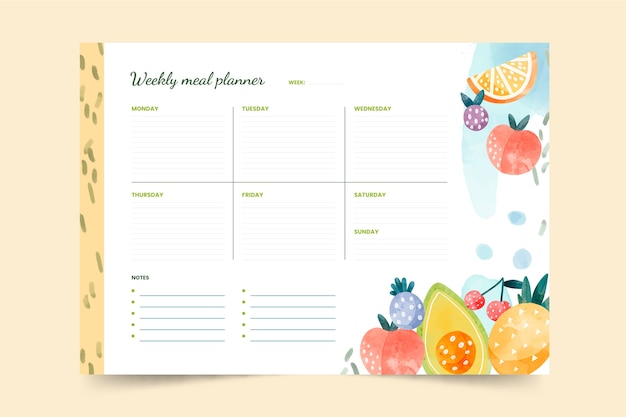 Vector sjabloon voor aquarel maaltijdplanner