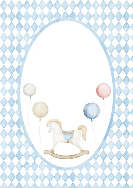 Sjabloon voor Baby Shower wenskaart met hobbelpaard en ballonnen in pastel blauwe en beige kleuren Hand getekende verticale aquarel illustratie voor kinderachtig uitnodigingen voor feest op witte achtergrond