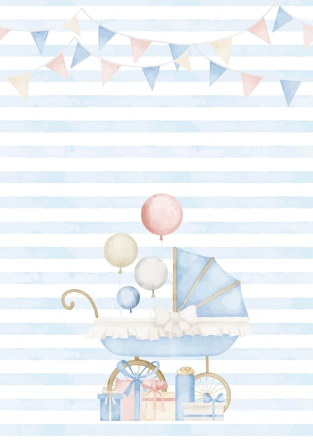 Sjabloon voor Baby Shower wenskaarten of uitnodigingen Handgetekende aquarel illustratie met kinderachtige Kinderwagen en Ballonnen tekening van Kid Stroller met cadeautjes en slingers voor pasgeboren feest