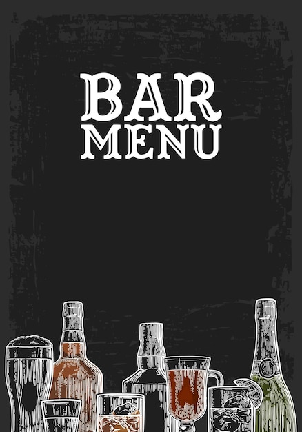 Vector sjabloon voor bar menu alcohol drinken fles en glas bier gin wijn whisky tequila vintage kleur gravure vectorillustratie voor label poster uitnodiging om te feesten geïsoleerd op donkere schoolbord