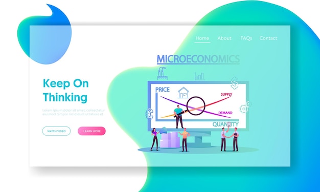 Sjabloon voor bestemmingspagina's voor micro-economie. kleine karakters lokale bedrijven verhogen geldwinststatistieken, positieve productwaarde