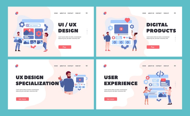 Sjabloon voor bestemmingspagina voor digitale producten set ui ux designer karakters website-interface ontwikkelen contentlay-out maken