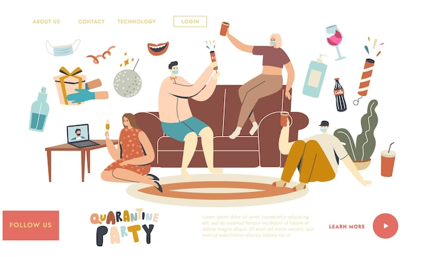 Sjabloon voor bestemmingspagina voor quarantainefeest. Jonge personages in maskers houden een bril met champagne vast en vieren vakantie door alcoholcocktails te drinken en online te communiceren. Lineaire mensen vectorillustratie