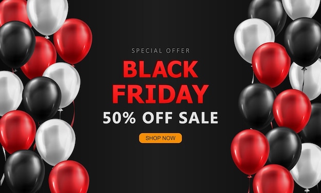 Sjabloon voor Black Friday-banner met verkoopadvertentie en 3D-ballonnen Promo kortingsbehang