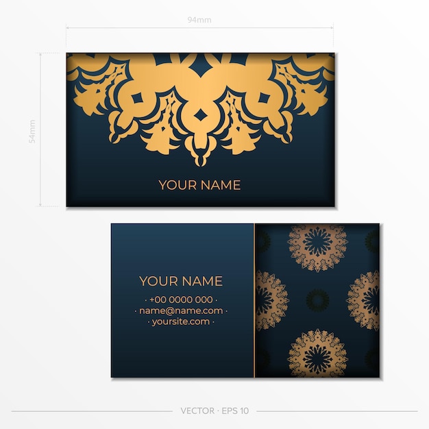Sjabloon voor blauwe visitekaartjes met decoratieve ornamenten visitekaartjes, oosters patroon, illustratie.