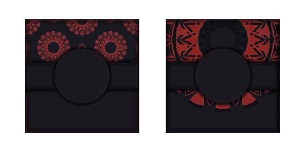 Sjabloon voor briefkaart afdrukontwerp met abstracte patronen. Zwarte banner met Griekse rode ornamenten en plaats voor uw logo.