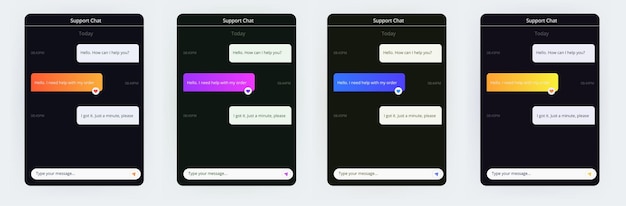 Sjabloon voor een chat met een bot. de berichten met een wireframe. set van de kleurrijke en neon ontwerpen. een online dokter-messenger-venster. vector geïsoleerde collectie.