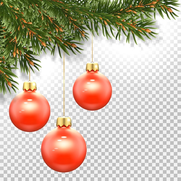 Sjabloon voor een nieuwjaarskaart met takken van een kerstboom en een kerstboomspeelgoed - rode ballen