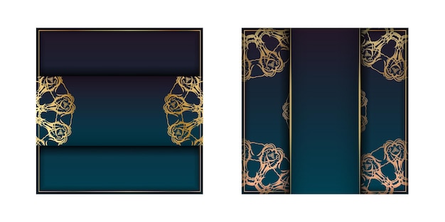Sjabloon voor folder met kleurovergang blauw kleurverloop met vintage gouden patroon klaar om af te drukken.