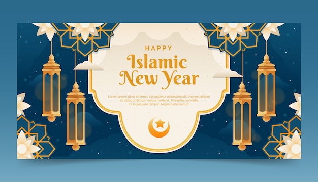 Sjabloon voor gradiënt islamitisch nieuwjaar horizontale banner met lantaarns