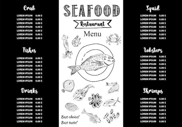 sjabloon voor het menu van een zeevruchtenrestaurant Vector