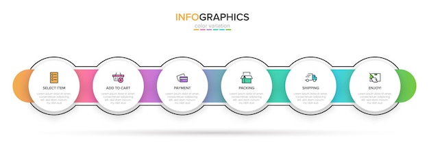 Sjabloon voor het winkelen infographics. Zes opties of stappen met pictogrammen en tekst