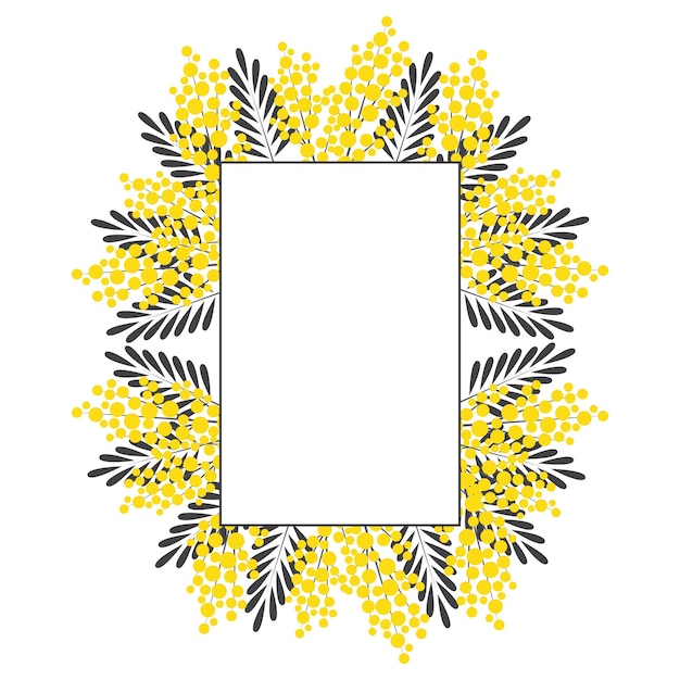 Sjabloon voor huwelijksuitnodiging met mimosa Rechthoekig frame met ruimte voor tekst Ansichtkaart met lentebloemen Vector illustratie