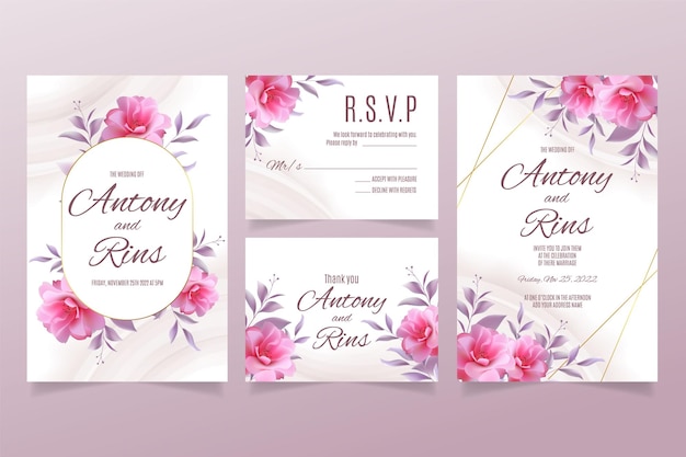 Sjabloon voor huwelijksuitnodiging met roze bloemen en paarse bladeren