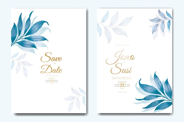 Sjabloon voor huwelijksuitnodigingen met elegante bladeren in klassiek blauw