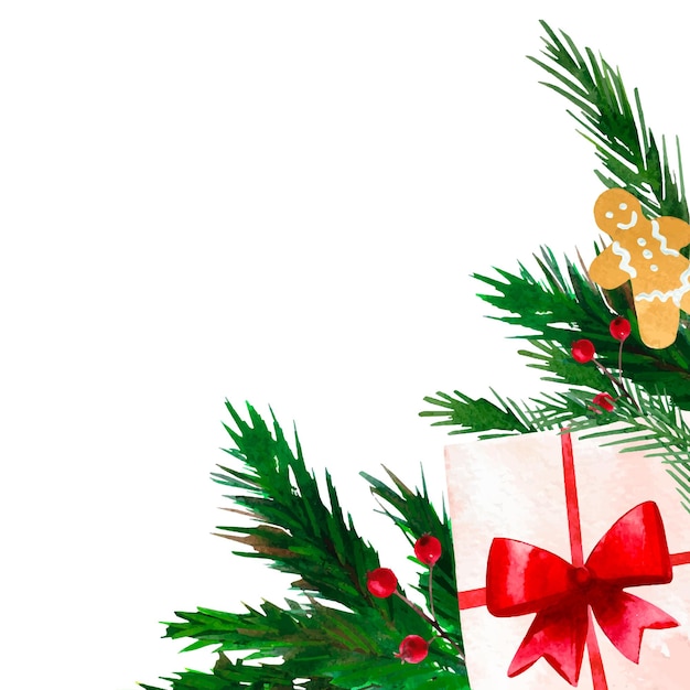 Sjabloon voor kersttekst met dennenboomtakken geschenkkoekje en bessenwaterverf