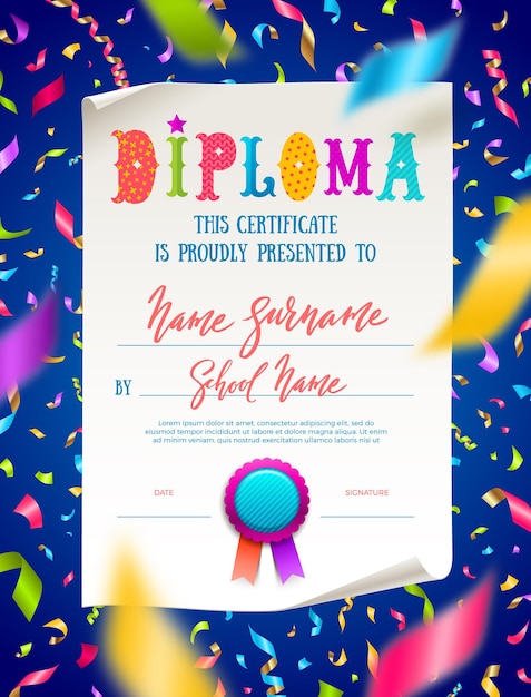 Sjabloon voor kinderen certificaat of diploma met veelkleurige confetti.