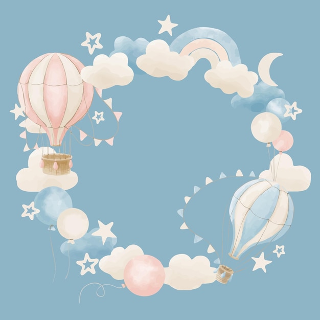 Vector sjabloon voor krans met warme lucht ballonnen wolken en regenboog waterverf illustratie met pastelle vliegtuigen voor groetekaartjes of baby shower uitnodigingen sjabloon van rond frame op blauwe achtergrond