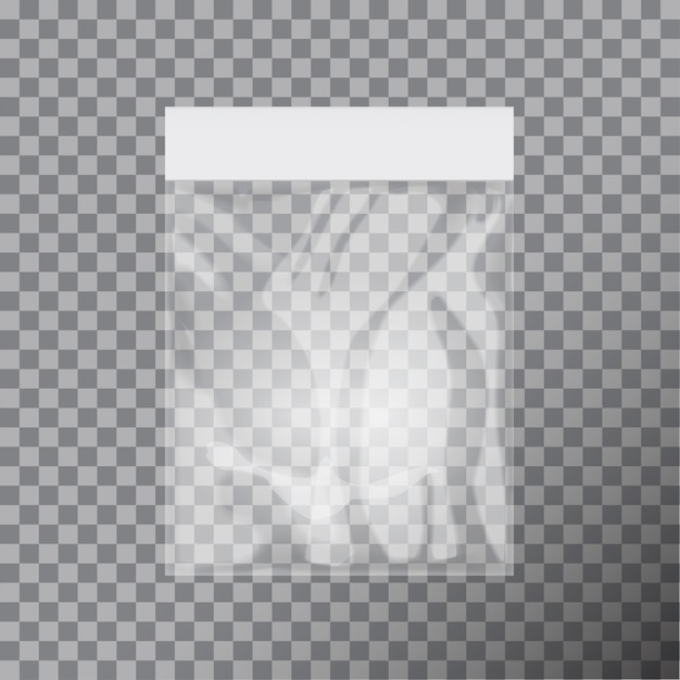Vector sjabloon voor lege transparante plastic zak. witte verpakking met ophangsleuf. illustratie