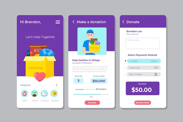 Vector sjabloon voor liefdadigheidsapp-interface
