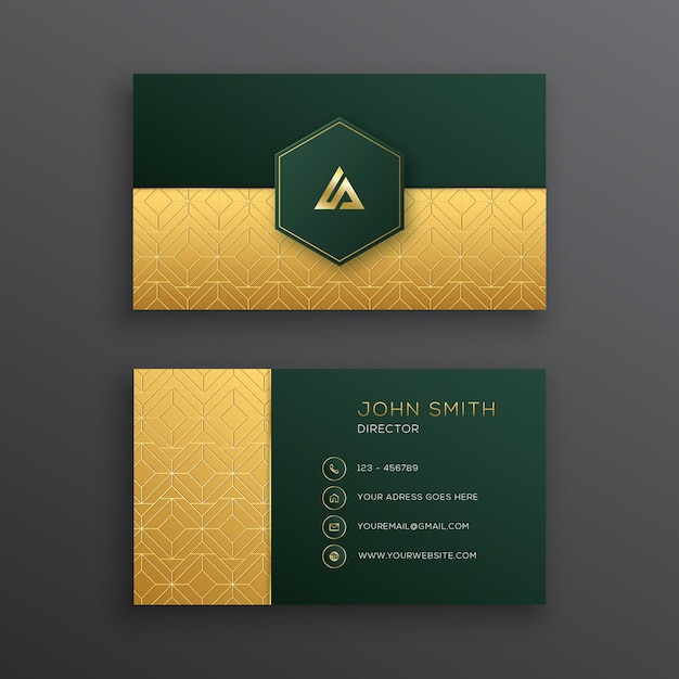 Sjabloon voor luxe groene visitekaartjes met gouden geometrisch patroon