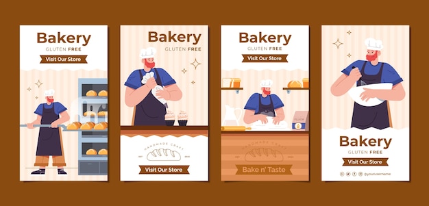 Vector sjabloon voor minimaal bakkerij-instagramverhalen met plat ontwerp