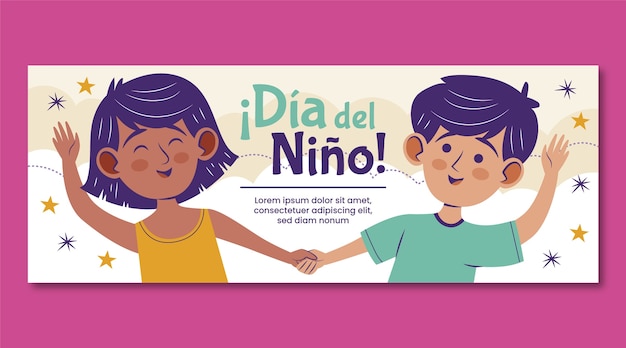Sjabloon voor platte kinderdag horizontale banner in het Spaans