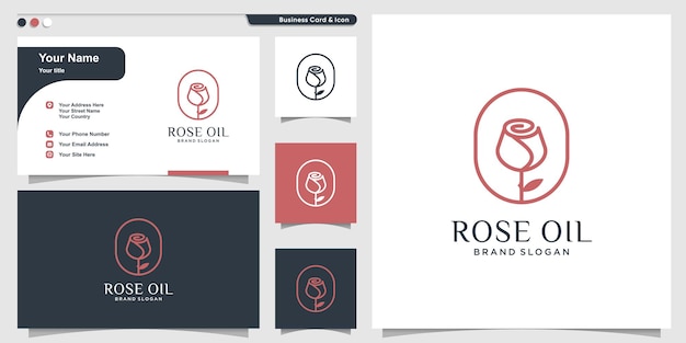 Sjabloon voor rozenolie-logo met creatieve lijnstijl en visitekaartjeontwerp Premium Vector