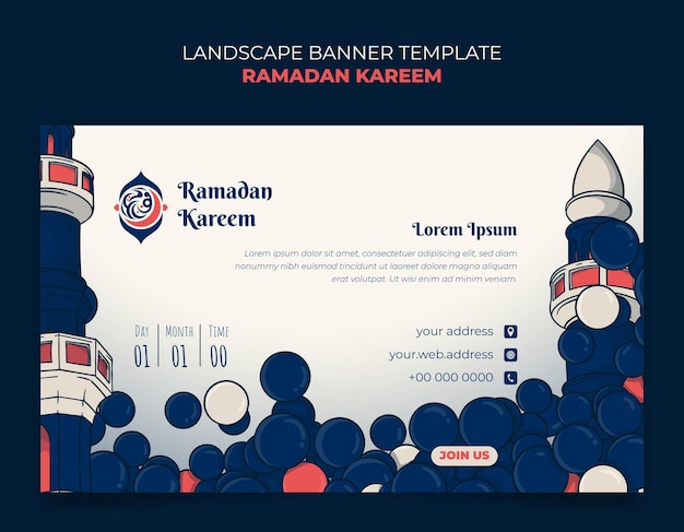 Sjabloon voor spandoek Ramadan op landschapsachtergrond met ontwerp van het bubbelmenu en ontwerp van de minaret van de moskee