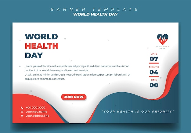 Sjabloon voor spandoek van de Wereldgezondheidsdag met blauw oranje en wit op landschapsachtergrond