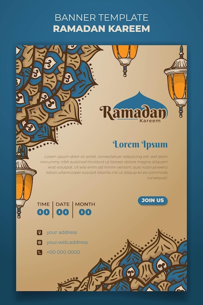 Sjabloon voor spandoek voor ramadan kareem-sjabloon met mandala handgetekend ontwerp