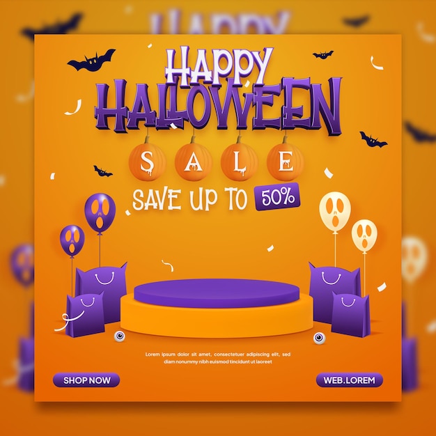 Sjabloon voor spandoek voor sociale media-advertenties voor halloween-uitverkoop met podium- en halloween-elementen