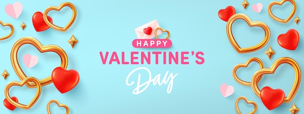 Sjabloon voor spandoek voor valentijnsdag met gouden hartvorm op blauw