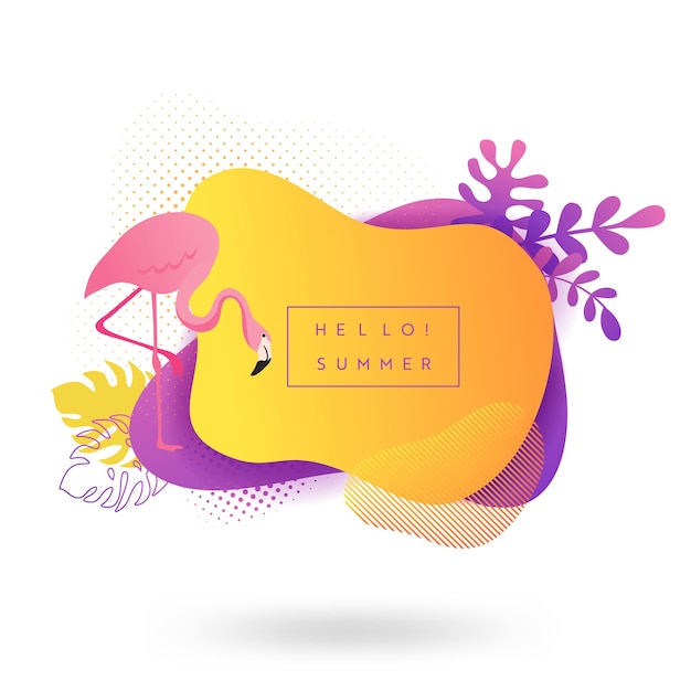 Sjabloon voor spandoek zomer. tropische vloeibare geometrische vorm achtergrond met bloemen, flamingo vogels, palmen, tropische vloeistof zeepbel, kaart, brochure, promo badge voor uw seizoensgebonden ontwerp. vector illustratie