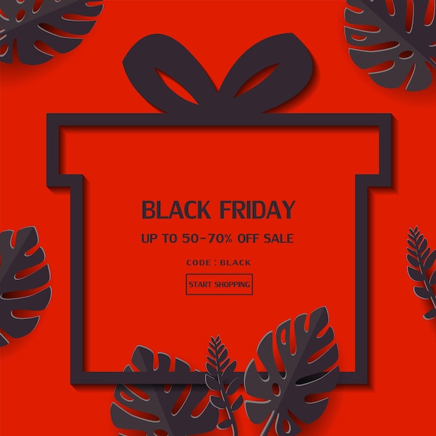 Sjabloon voor spandoek zwarte vrijdag verkoop met tropische bladeren op rode achtergrond