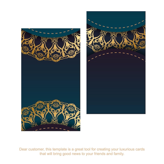 Sjabloon voor visitekaartjes met blauwe kleurverloop met Indiase gouden ornamenten voor uw bedrijf.