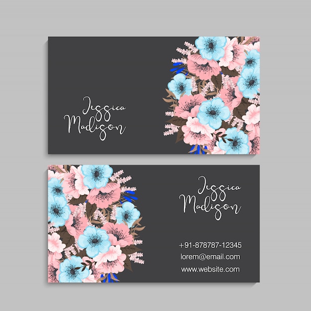 Sjabloon voor visitekaartjes met kleurrijke bloemen, blad, kruid.