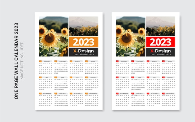 Sjabloon voor wandkalender met één pagina voor 2023